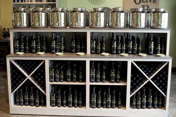 Oils and vinegars are stored in stainless steel containers called fustis in order to preserve freshness