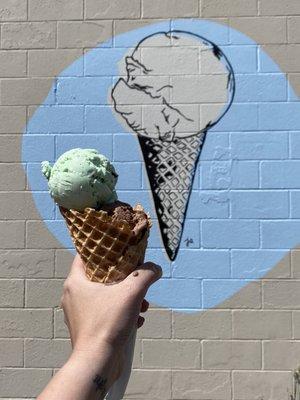 Mint Chocolate Chip with Peanut Butter Chocolate with Waffle Cone