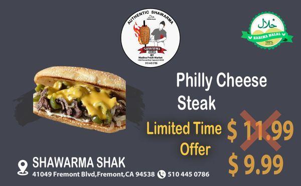 Halal Philly cheese steak sandwich and your choice of mini sodas