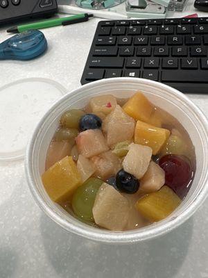 Canned fruit and 2 blueberries