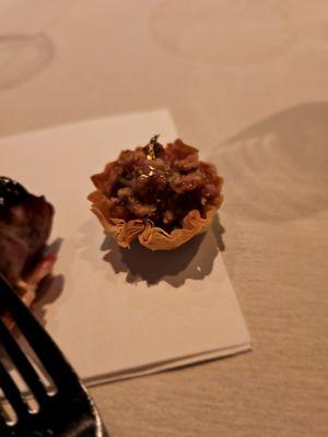 1/24. Four Seasons Week Dinner- Capa (Florida-) Steak Tartare Tartlets  Feuille de Brick with Prime Beef, Mustard, Egg, and Capers