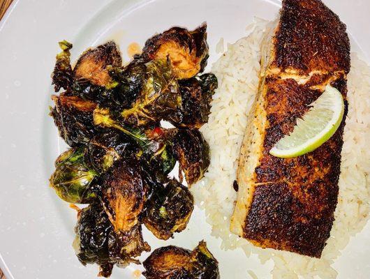 Daily Special Pan Seared Black Amberjack w/ Brussels Sprouts and rice, yum!!