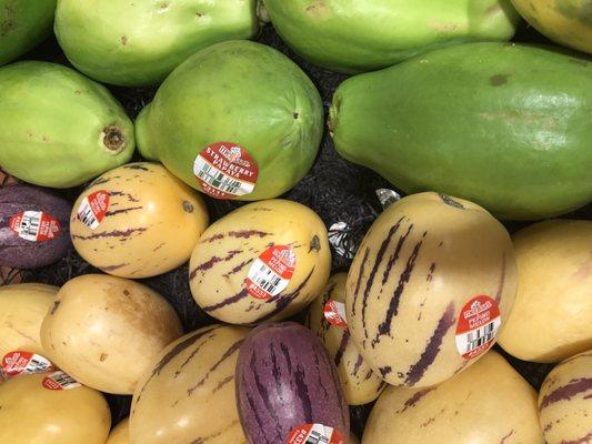 Pepino melons and strawberry papayas from Heinen's