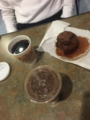 iced coconut mocha, chocolate chocolate chip muffin and coffee