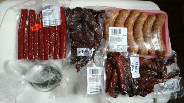 Beef sticks, pepper beef jerky, potato/bacon/cheese brats, maple turkey jerky, avocado