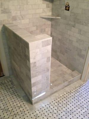 3x6 white Carera Marble Shower. Mosaic Marble Floor