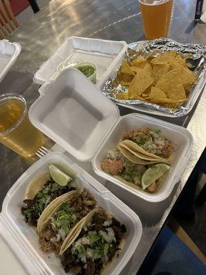 Carne Asada street tacos, chicken street tacos, chips and Salsa and Chips