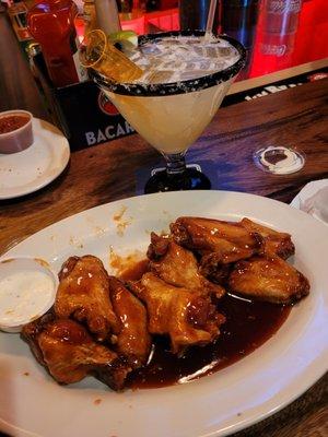 Whiskey bourbon wings and a cucumber margarita.