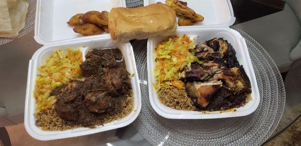 Brown stew chicken left & Jerk chicken right.   Both with with rice & peas, stewed cabbage. Coco bread and plantains! yummy