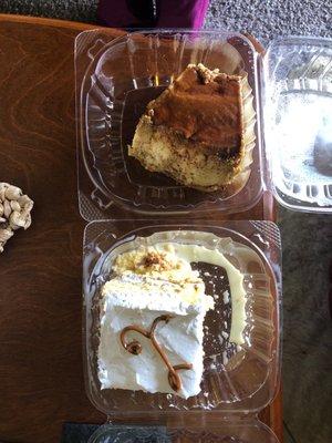 Top slice is Flan and bottom is Tres leche cake