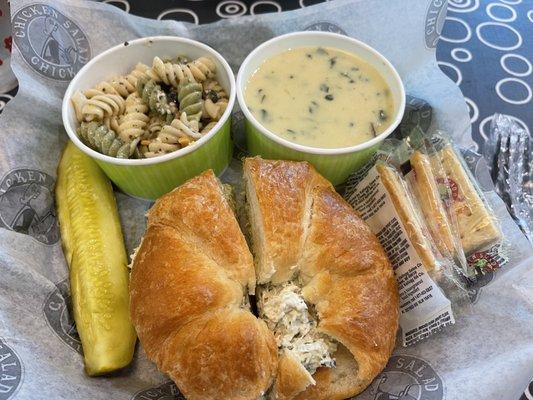 Lemon basil artichoke chicken salad on a croissant, chicken artichoke soup and pasta salad!