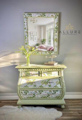 Lacquered dresser and mirror with fabric inserts