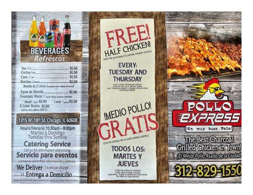 Menu to Go!PolloExpress.Pilsen!ChickenorSteak.NaturalorAdobado.WholeorHalf.Bowls Burritos Quesadillas Dessert!Order 3118291550.Cool!