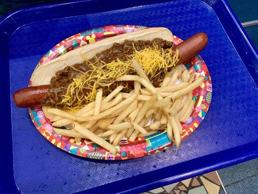 Footlong chili cheese dog with either chips or fries