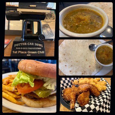 Award-Winning, Green Chili, came with a huge, buttered tortilla! Cheeseburger, Tater Tots & Fries