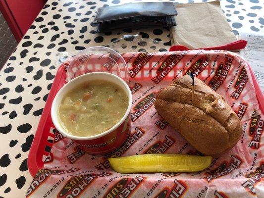 Brisket and bowl Of chicken dumpling soup