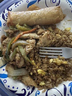 Black pepper chicken, egg roll. Fried rice