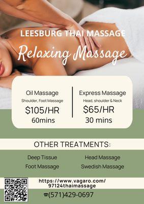 Swedish Massage 60 mins |$105 
Thai Massage on Table 30 mins |$65