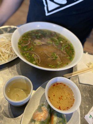 Beef Pho, broth it's wonderful, spring rolls were nice addition, loved the dipping sauce it came with.