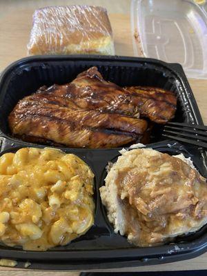 BBQ Baked Chicken, Mac And Cheese, Mashed potatoes, and cornbread