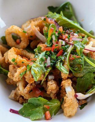 Crispy Calamari with Arugula, Red Onion & Peach Sweet Chili Vinaigrette