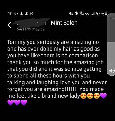 Feedback from a great client of our salon.