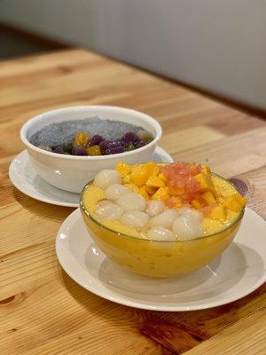 Mango Pomelo and White Ball Sago ($7.50) & Sesame Soup with Mochi and Sago ($6.50)