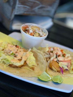 Our delicious shrimp tacos, freshly made with flour tortillas.