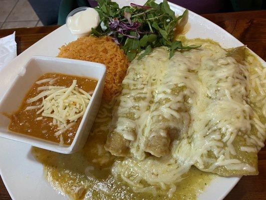 Chicken 2. Enchiladas Suiza with beans and rice