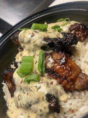 Honey Jerk BBQ Wings with Cream Sauce over Rice