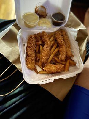 Fried Chicken Tender Platter with a side Potato Salad. BBQ sauce and honey mustard sauce for dipping.