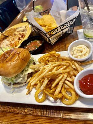 Enchiladas, burger and fries, margarita