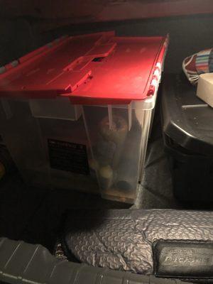 A red and plastic bin in my trunk full of house painting supplies that does not belong to me.