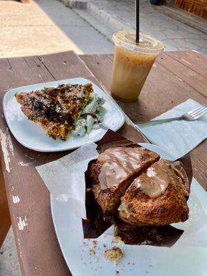 Coffee cake muffin and frittata with ice almond latte