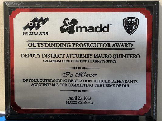 Outstanding Prosecutor Award according to MADD