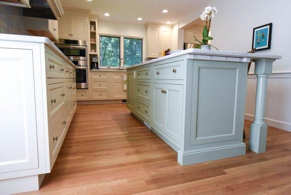 White and green painted cabinets, inset doors, Concord, MA