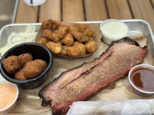 Half pound prime, brisket, fried okra, jalapeño hush puppies