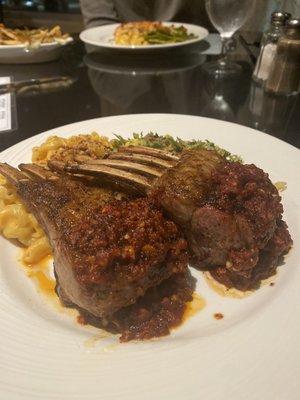 Marinated Lamb Chops with Mac N Cheese and Shaved Brussel Sprouts