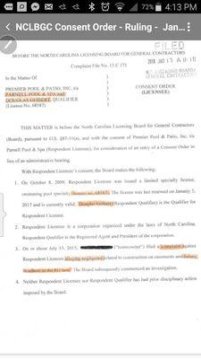 NC Licensing Board for General Contractors consent order as a result of Gross Negligence Investigation of Parnell Pool & Spa.