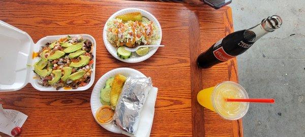 Carne asada nacho, mixto burrito, shrimp tacos