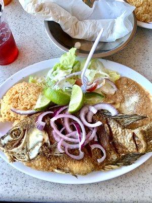 Fried Fish, Rice, chorizo beans, and a simple salad