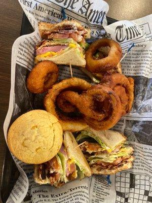 Club sandwich, onion rings, Mexican corn bread