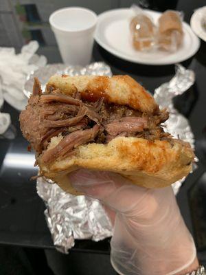 This is the brisket sandwich, with sweet bbq sauce.