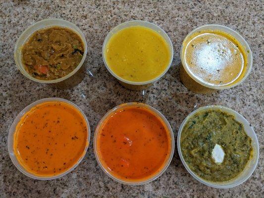 Baigan Bharta, dal lentil soup, Lamb Korma, Chicken Tikka Masala, Paneer Tikka Masala, Mughlia Saag