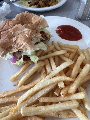 Cheeseburger and French fries-both cooked to perfection!