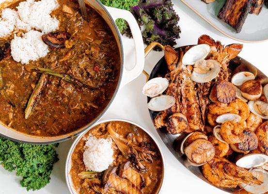 Chicken and sausage gumbo, seafood add-ons, vegan gumbo with mushroom