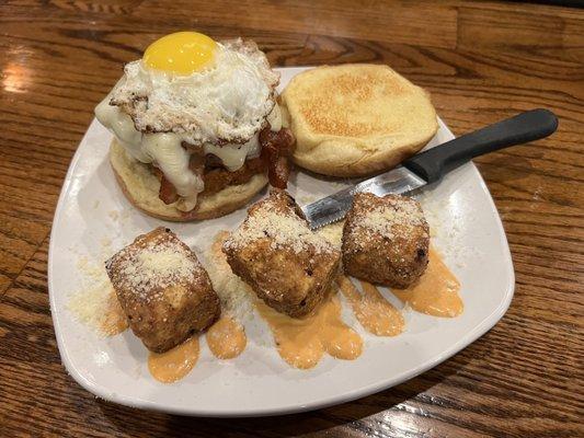 Rude awakening burger With Mac and cheese bites as side