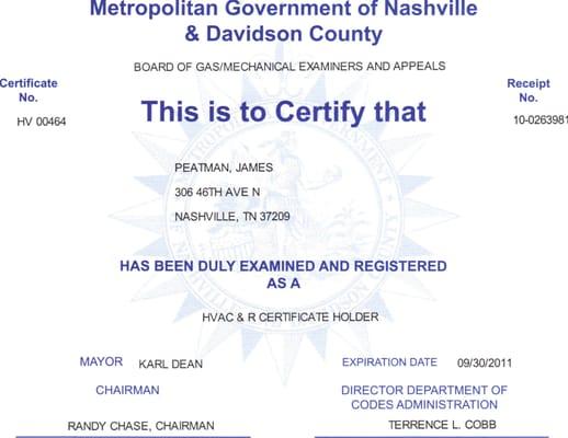 Classic Handyman Heating and Cooling License