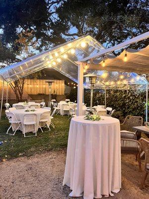 Tent & lights, tables, chairs, linens & heaters