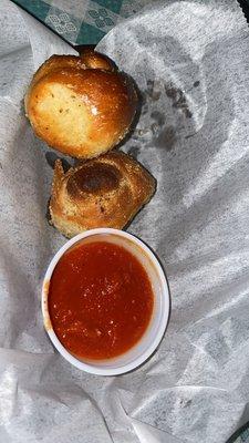 Over cooked garlic knots and marinara dip